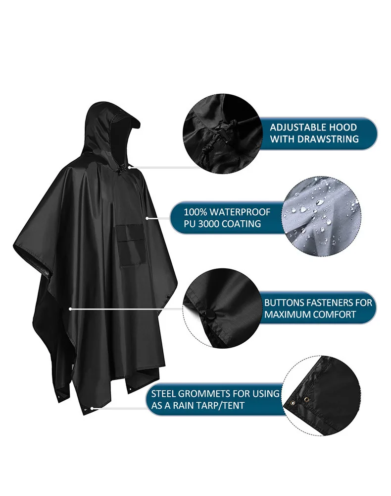 Emergency Poncho Rain - 2026 For Camping Hiking 3-in-1 Waterproof